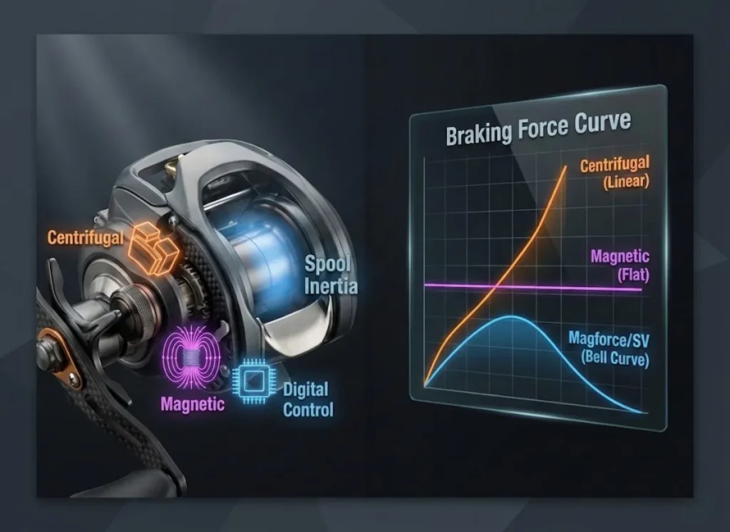 A high-definition technical illustration of a baitcaster reel's internal mechanics, featuring an exploded view of the spool and braking systems alongside a holographic graph comparing Centrifugal, Magnetic, and Magforce braking curves.