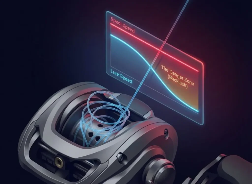 A high-definition editorial illustration of a baitcasting reel experiencing a "bird's nest" tangle. A glowing holographic line chart overlays the image, comparing Spool Speed versus Lure Speed to visually explain the physics of backlash.