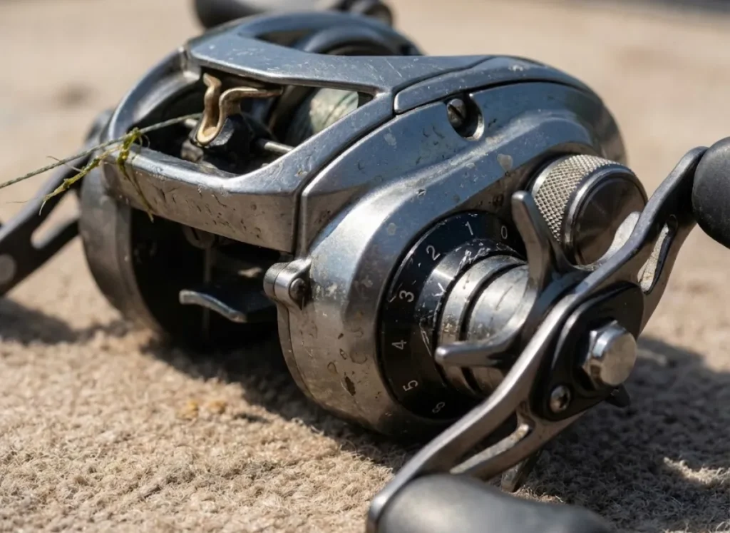 Macro shot of the magnetic brake dial and tension knob on a used baitcasting reel sitting on a boat deck.