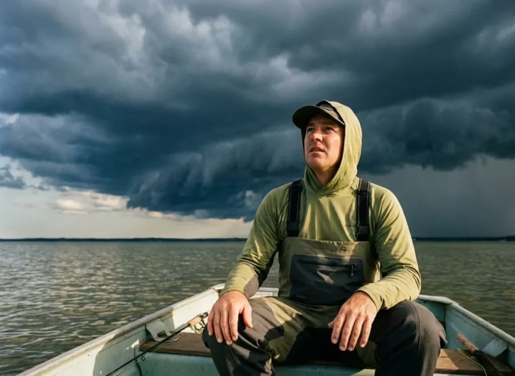 Fishing boat facing an approaching dark thunderstorm front on the water.