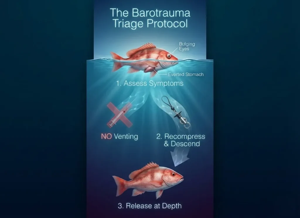A vertical underwater infographic illustrating the Barotrauma Triage Protocol. It shows a Red Snapper at the surface with bulging eyes, a warning symbol against venting, and a descending weighted line guiding the fish back to deep water for a successful release.