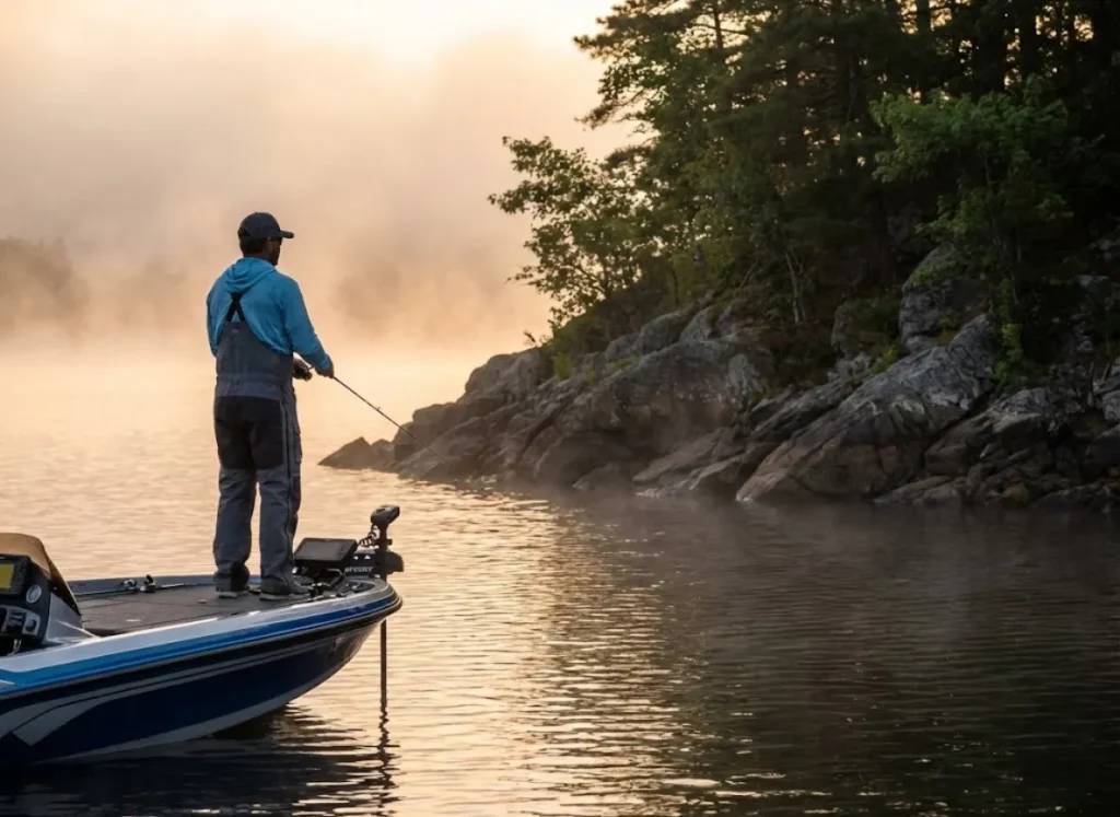 A bass boat floating near a rocky point at sunrise with an angler casting into deep water amidst morning mist.