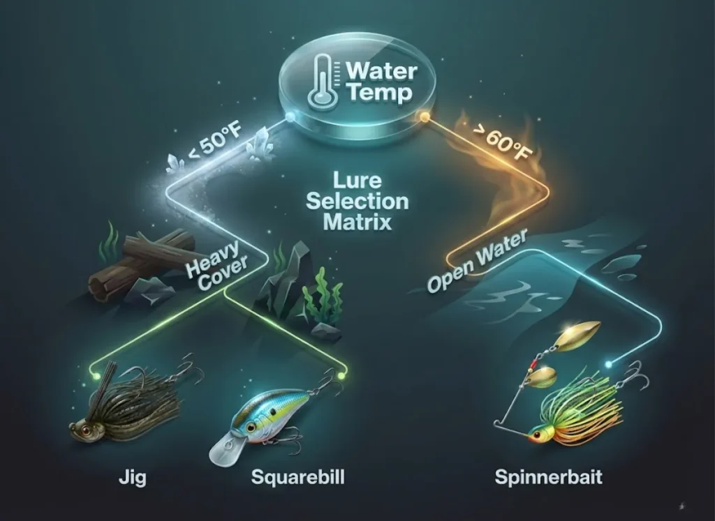 A sophisticated, high-definition 3D flowchart illustrating a bass fishing Lure Selection Matrix. The chart branches from Water Temperature to environmental conditions like Heavy Cover and Open Water, terminating in specific lure recommendations like Jigs and Spinnerbaits.