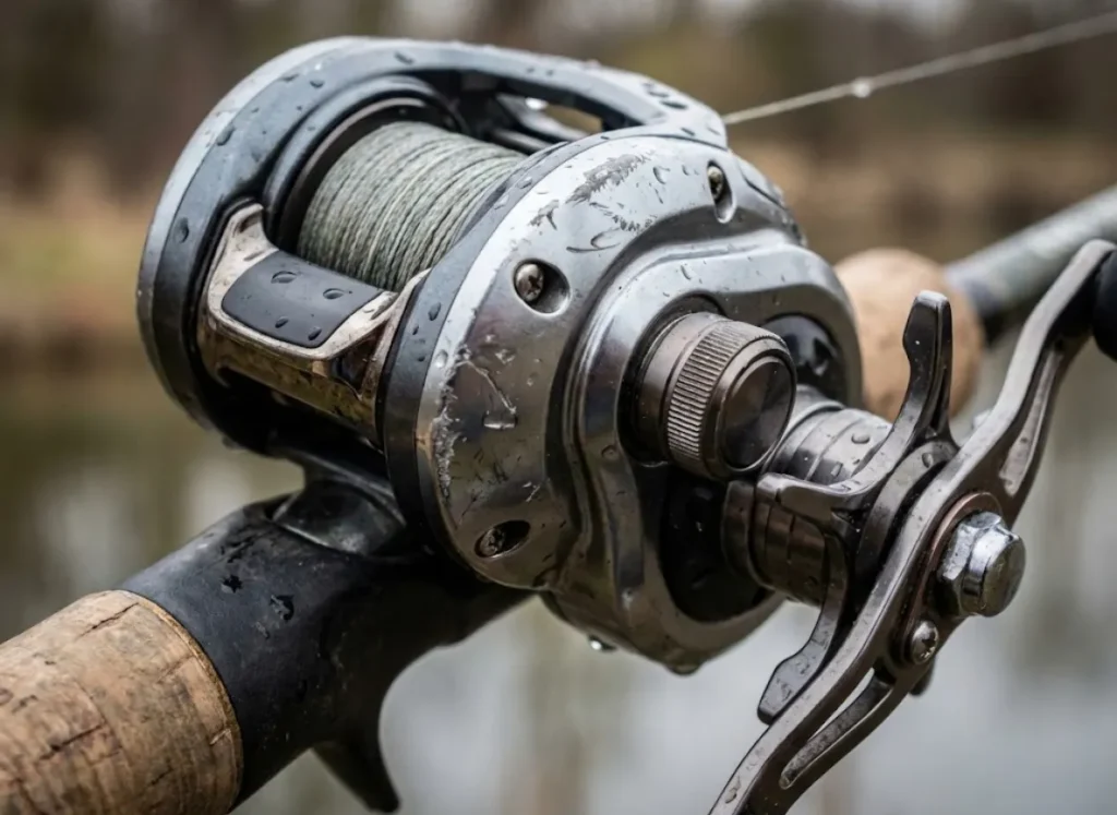 Close-up macro shot of a baitcasting reel and rod handle with water droplets on the fishing line.