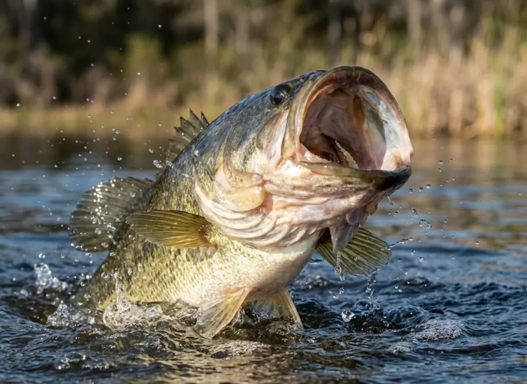 Largemouth bass jumping out of the water shaking its head with mouth wide open.
