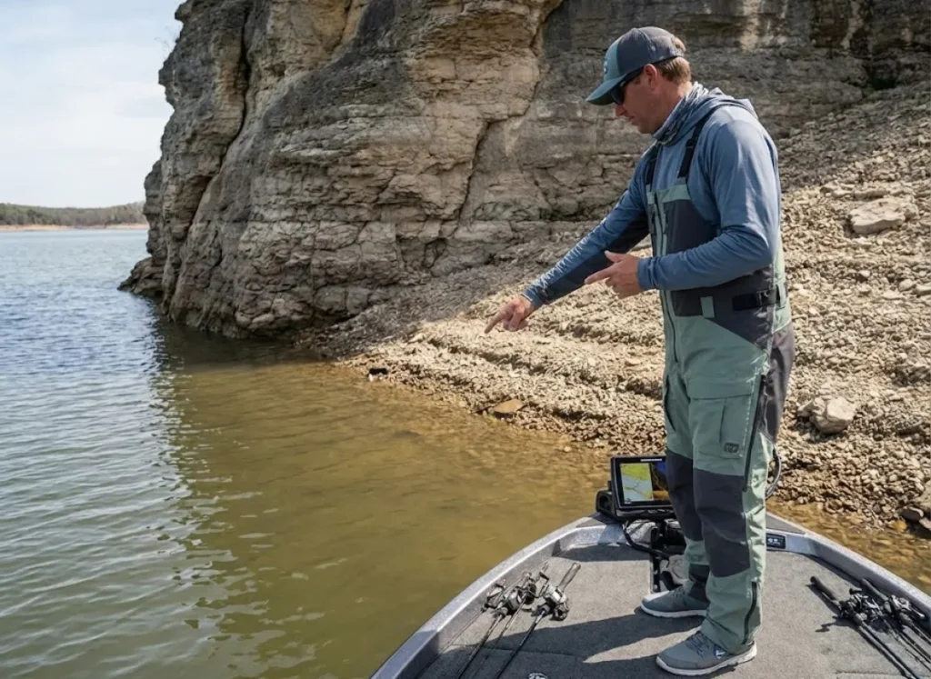 Angler on a boat analyzing a rocky transition bank and fish finder for migration routes.