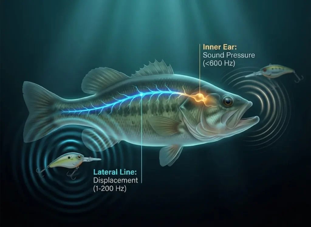 A split-view diagrammatic illustration of a largemouth bass underwater. The image highlights the biological difference between the Lateral Line (shown reacting to water displacement from a wobbling lure) and the Inner Ear (shown reacting to sound pressure from a rattling lure), with holographic labels indicating frequency ranges.
