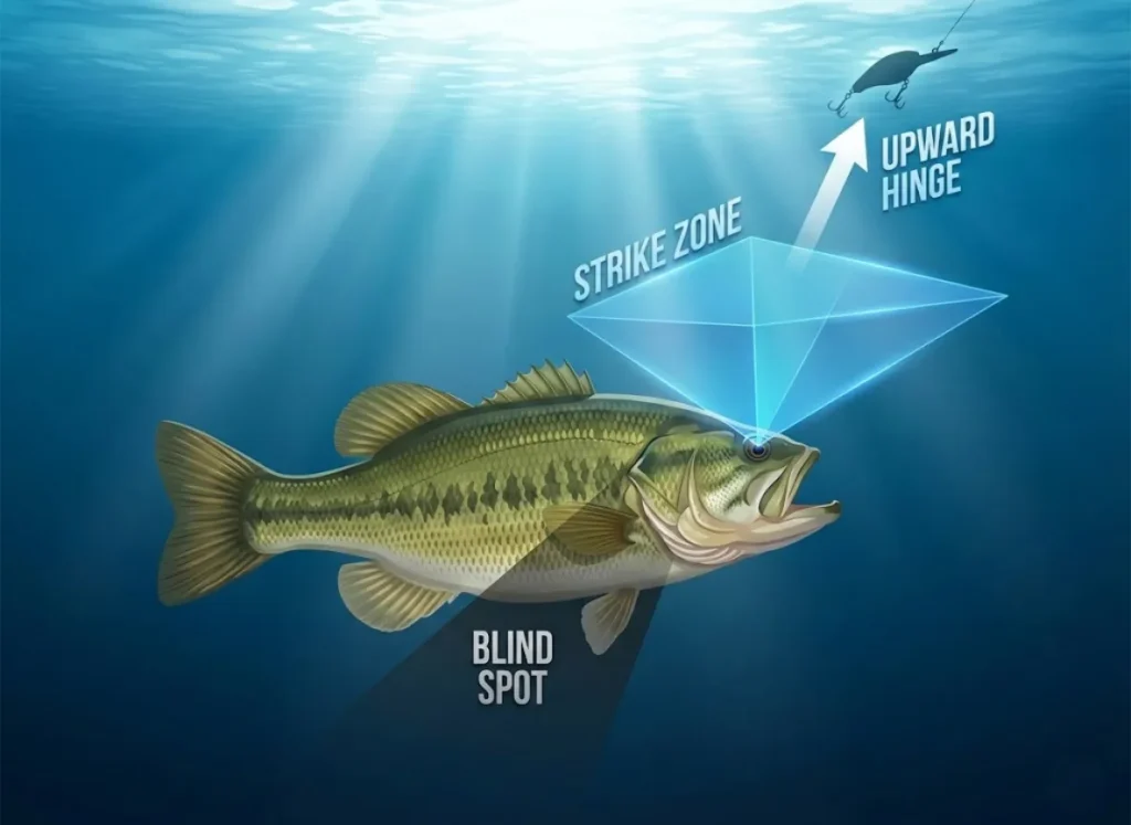 A high-definition infographic illustrating the predatory anatomy of a largemouth bass. The image visualizes the upward-facing binocular vision cone labeled "Strike Zone" and the area beneath the fish labeled "Blind Spot," demonstrating why topwater lures are effective.
