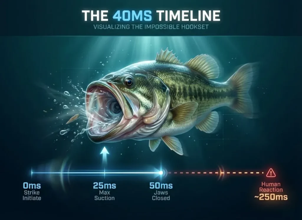 A scientific infographic featuring a dynamic illustration of a Largemouth Bass suction feeding. A horizontal timeline compares the 50-millisecond feeding cycle against the 250-millisecond human reaction time, highlighting the biological speed gap.