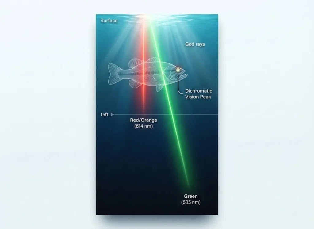 A premium infographic illustrating the visible light spectrum underwater. It compares the depth penetration of red versus green wavelengths against the biological cone sensitivity of a Largemouth Bass.