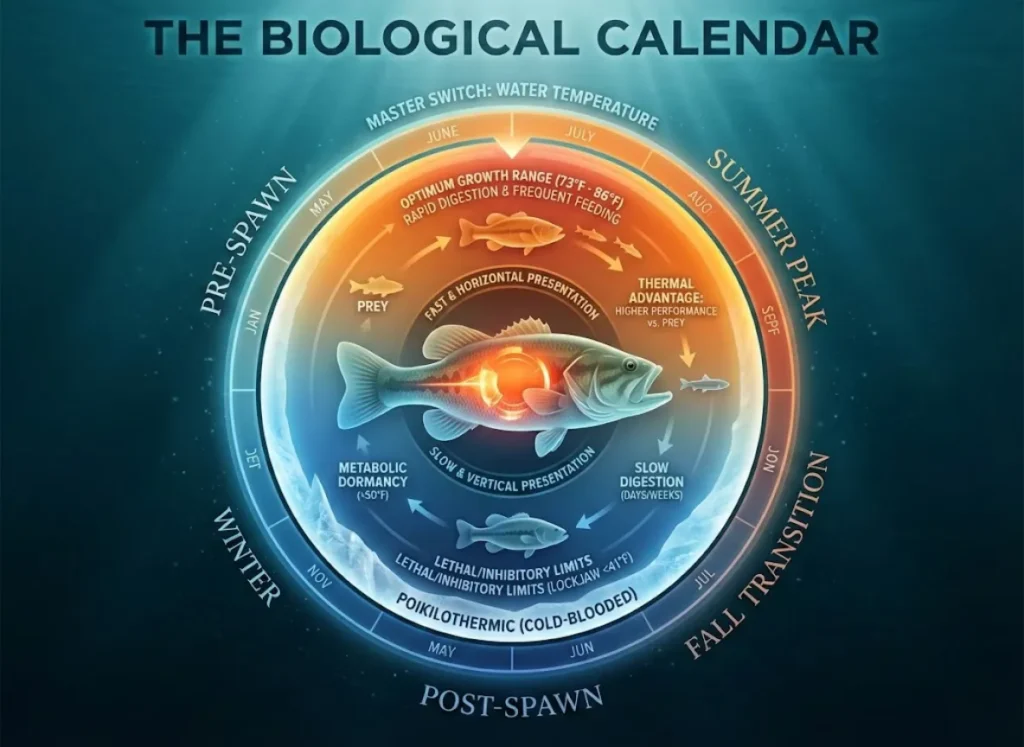 A sophisticated infographic titled 'THE BIOLOGICAL CALENDAR' illustrating how water temperature controls Largemouth Bass metabolism. A central circular chart shows a temperature gradient from cold blue to warm orange, correlated with months, biological seasons, digestion rates, and recommended lure presentations.