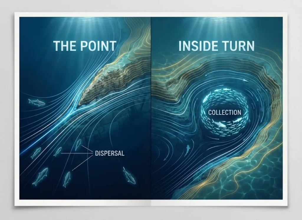 A comparative bathymetric infographic illustrating two underwater topographic features. The left side shows a "Point" with water currents spreading out, labeled "Dispersal." The right side shows an "Inside Turn" with currents swirling inward, labeled "Collection," trapping a dense school of fish.