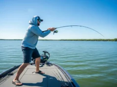 The Jigging Blueprint: A Beginner’s Guide to Technique A full-body shot of a man in fishing attire casting a jigging rod from the deck of a bass boat on a sunny day.