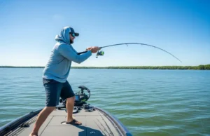 The Jigging Blueprint: A Beginner’s Guide to Technique A full-body shot of a man in fishing attire casting a jigging rod from the deck of a bass boat on a sunny day.