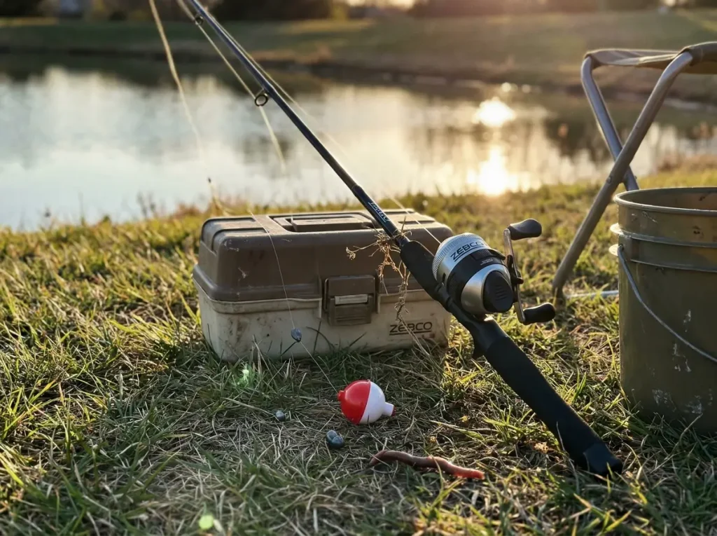 A simple bobber rig and budget spincast combo by the pond, a complete beginner fishing setup
