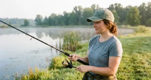 What Gear Do You Need to Start Fishing? Less Than You Think Beginner holding a spinning combo at a quiet pond, the basic gear you need to start fishing