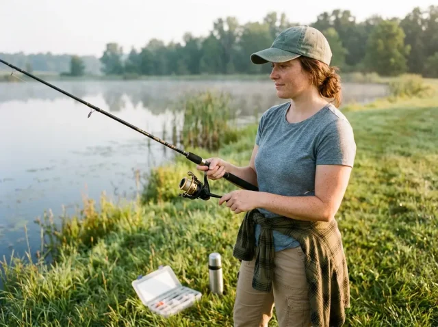 beginner-fishing-gear-spinning-combo-pond Beginner holding a spinning combo at a quiet pond, the basic gear you need to start fishing