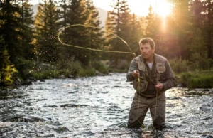 Beginner’s Guide to Fly Fishing: From Setup to First Cast An angler wading in a river casting a fly rod with a yellow fly line looping in the air during sunset.
