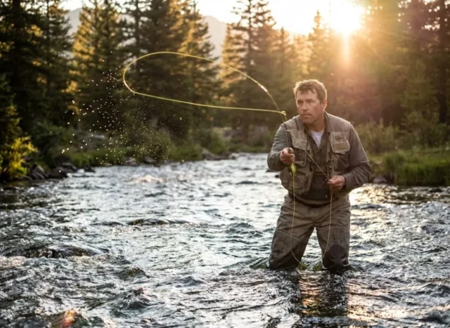 beginners-guide-fly-fishing-casting-river An angler wading in a river casting a fly rod with a yellow fly line looping in the air during sunset.