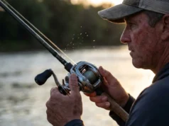 Best Baitcasting Reels for Bass: Ranked by Technique A close-up side profile of a bass angler casting a baitcasting reel at sunrise, with water spraying from the spool.
