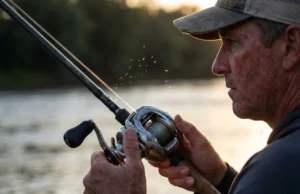 Best Baitcasting Reels for Bass: Ranked by Technique A close-up side profile of a bass angler casting a baitcasting reel at sunrise, with water spraying from the spool.