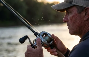 Best Baitcasting Reels for Bass: Ranked by Technique A close-up side profile of a bass angler casting a baitcasting reel at sunrise, with water spraying from the spool.