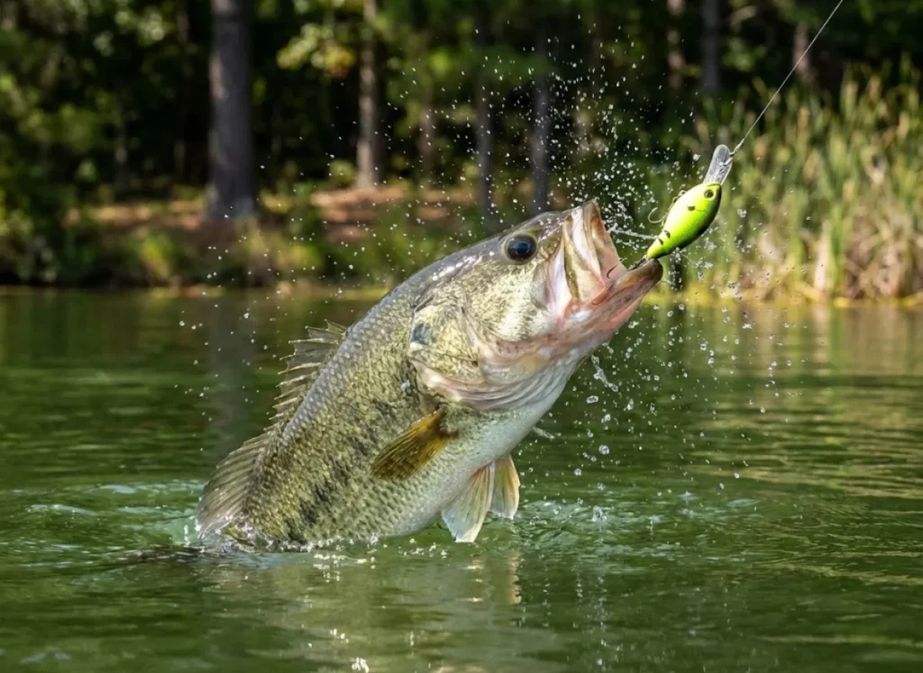 Largemouth bass jumping out of the water shaking its head with a lure in its mouth.