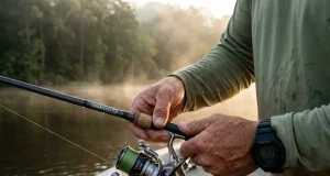 Best Braided Fishing Line for Bass and Saltwater Spinning reel loaded with braided fishing line beside bass gear on a wet boat deck at dawn