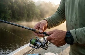 Best Braided Fishing Line for Bass and Saltwater Spinning reel loaded with braided fishing line beside bass gear on a wet boat deck at dawn