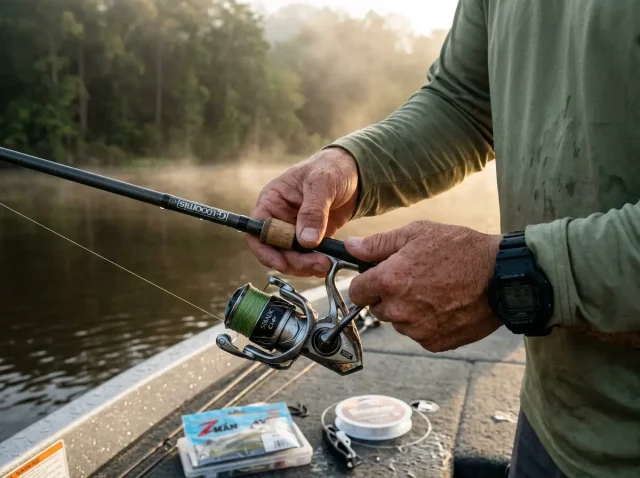 best-braided-fishing-line-hero-spinning-reel Spinning reel loaded with braided fishing line beside bass gear on a wet boat deck at dawn