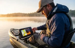 Best Fish Finders for Kayaks: 2026 Power & Rigging Guide A kayak angler adjusting a bright fish finder screen during a misty sunrise on a lake.