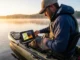 Best Fish Finders for Kayaks: 2026 Power & Rigging Guide A kayak angler adjusting a bright fish finder screen during a misty sunrise on a lake.