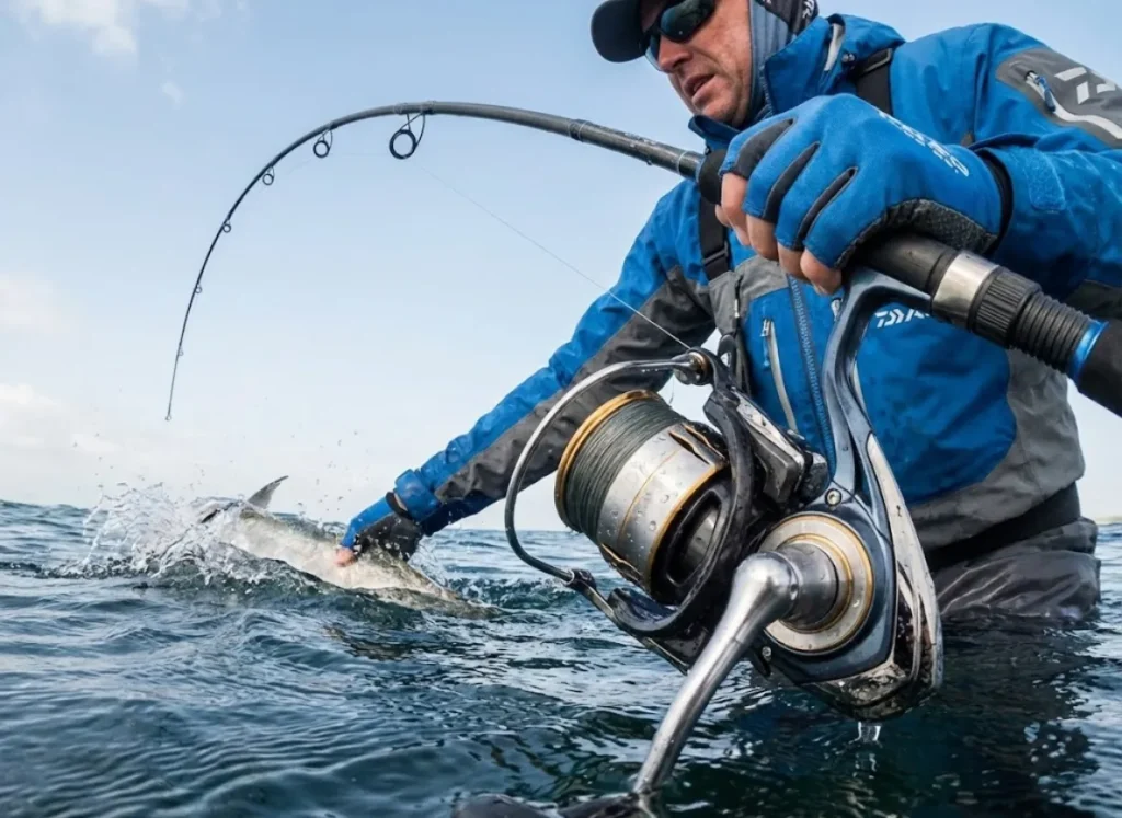A spinning rod bent under the weight of a fish, showcasing the gear's performance during a catch.