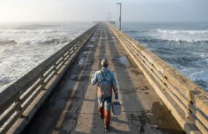 Best Fishing Piers California: Top Zones & Rigging Maps An angler walking down a misty concrete fishing pier at sunrise in California, carrying fishing rods and gear towards the end of the pier.