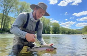 The Best Fishing Pliers: A Field-Tested Buyer’s Guide An angler in waders stands in a shallow river, using a pair of fishing pliers to carefully unhook a trout.