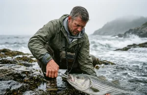 Best Fishing Pliers That Won’t Rust Shut Angler using titanium fishing pliers to back a hook out of a striped bass at the water's edge