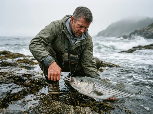 best-fishing-pliers-titanium-hook-removal Angler using titanium fishing pliers to back a hook out of a striped bass at the water's edge