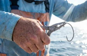 Best Fishing Pliers: Titanium vs. Steel Guide Close-up of an angler's hand using titanium fishing pliers to remove a large hook in a saltwater environment.