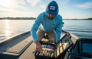 Best Fishing Tackle Box: A Data-Backed Buyer’s Guide A full-body shot of an angler kneeling on a boat deck, organizing lures in a modern, open tackle box.