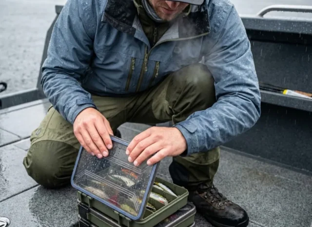 best-fishing-tackle-box-rust-water-test An angler opening a waterproof tackle box on a rainy boat deck, revealing dry lures inside despite the storm.