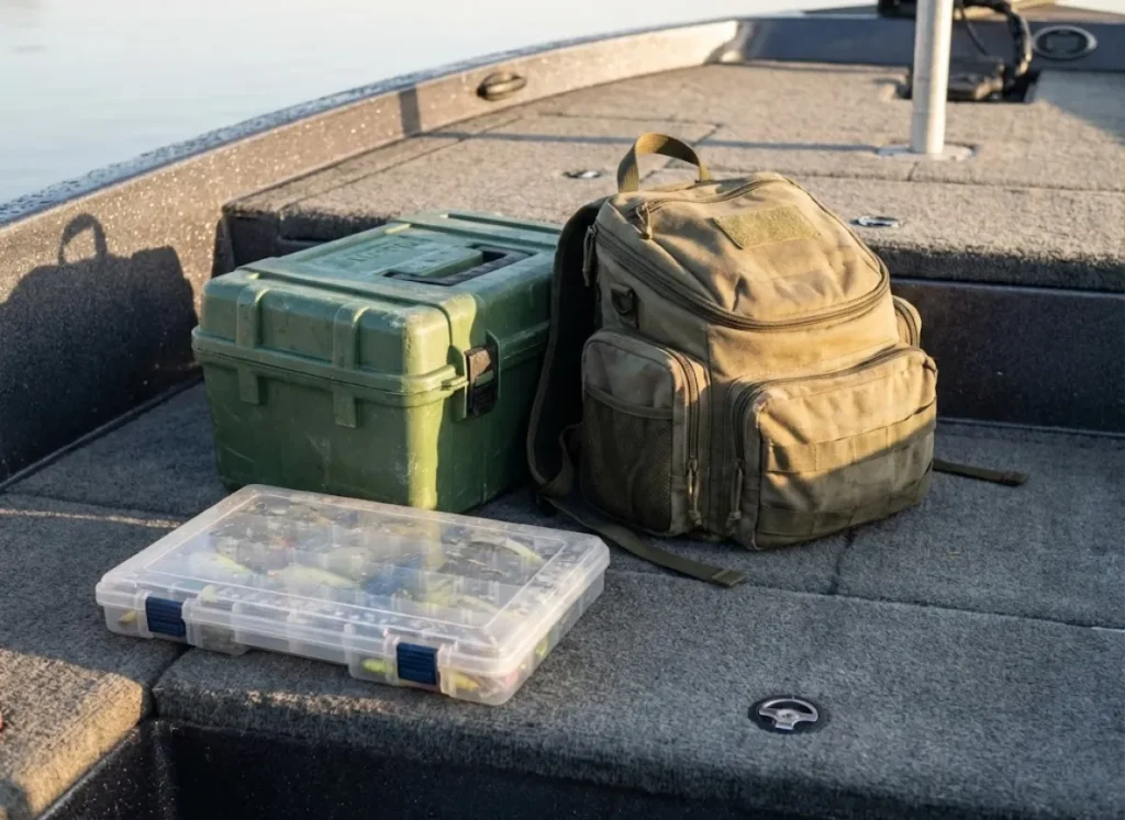 A collection of a tackle backpack, a hard case, and a utility tray sitting on a boat deck.
