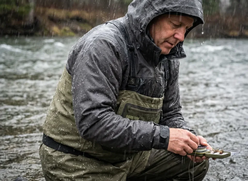 A fly fisherman standing in a river during a rainstorm, wearing high-performance waterproof waders.