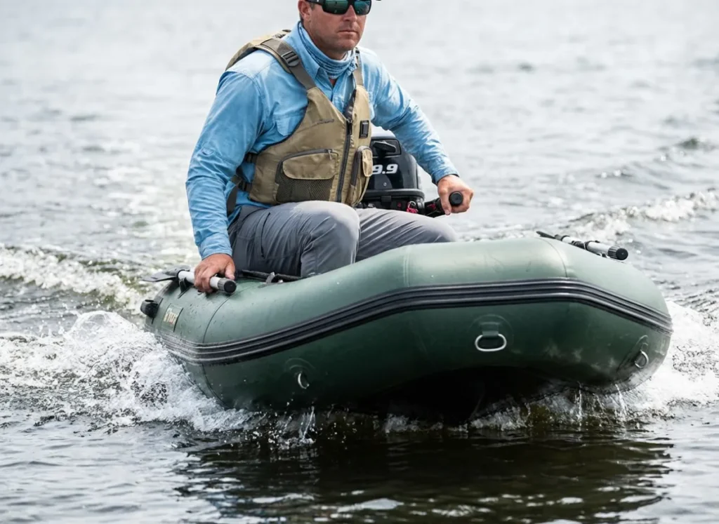 Inflatable fishing skiff planing at high speed across a lake with an outboard motor.