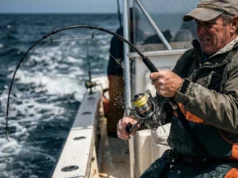 Best Saltwater Spinning Reels: 2026 Field Test Angler fighting a large fish on a boat with a heavy-duty saltwater spinning reel under extreme tension, surrounded by ocean spray.