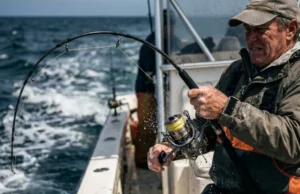 Best Saltwater Spinning Reels: 2026 Field Test Angler fighting a large fish on a boat with a heavy-duty saltwater spinning reel under extreme tension, surrounded by ocean spray.