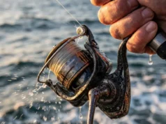 Best Spinning Reels Under $100: The 2026 Value Audit Close-up of a spinning reel under heavy drag pressure with salt spray and angler's hand gripping tight.