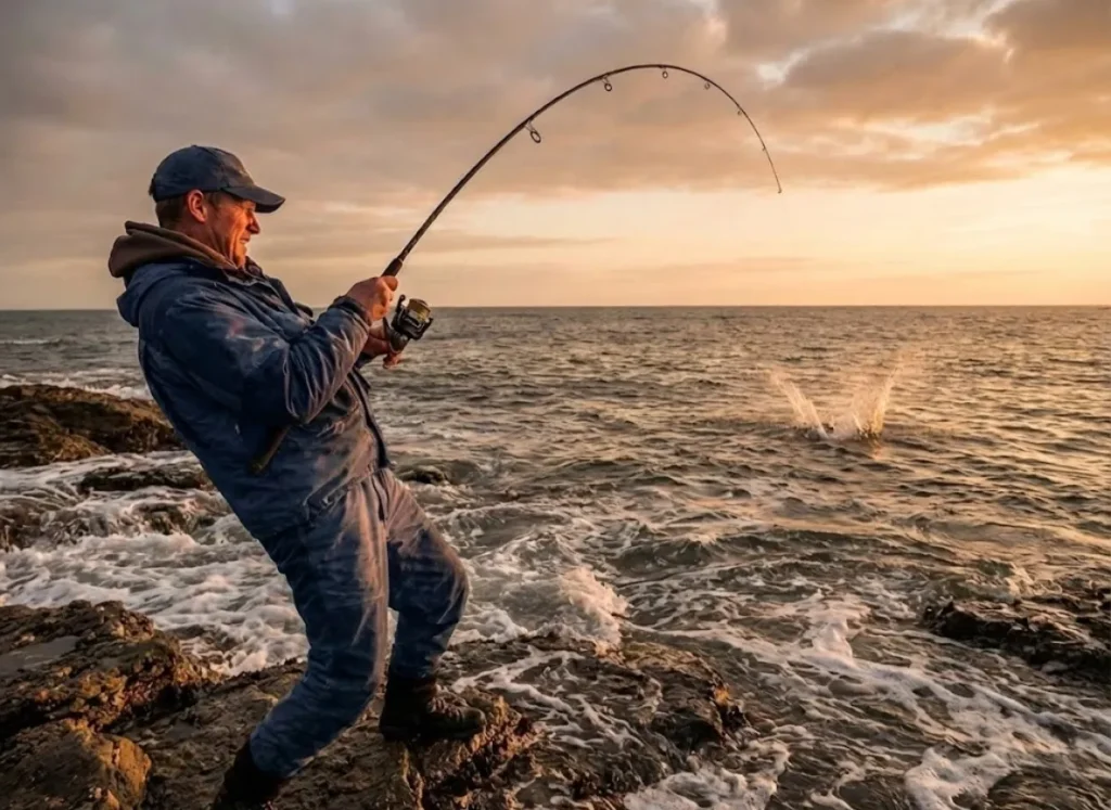 Angler on a rocky shore fighting a fish with a deeply bent spinning rod.