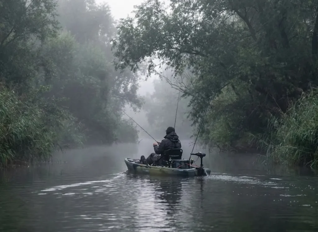 Kayak angler using an electric motor to navigate a misty river channel at dawn.