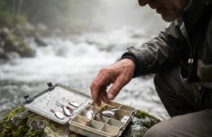 Best Lures for Trout Fishing: Top Picks & Rigging Angler looking at an open tackle box full of trout spinners and spoons on a river rock.