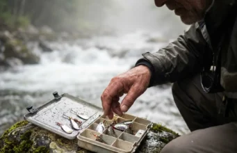 Best Lures for Trout Fishing: Top Picks & Rigging Angler looking at an open tackle box full of trout spinners and spoons on a river rock.